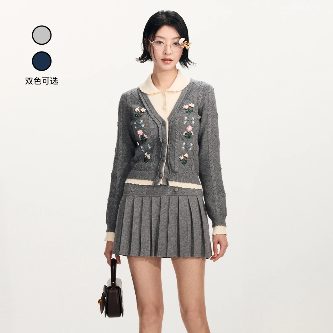 lefame拉飞姆2026早春新品时尚撞色珠饰花朵针织开衫