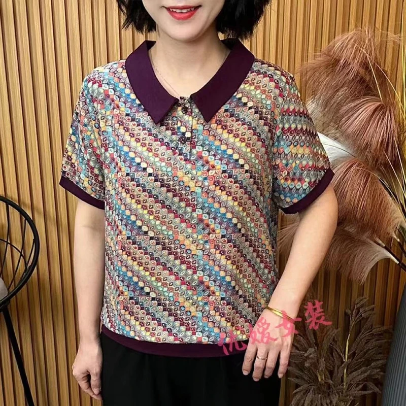 妈妈装夏季薄款减龄七彩圆点翻领透气显瘦遮肚中老年女装短袖上衣