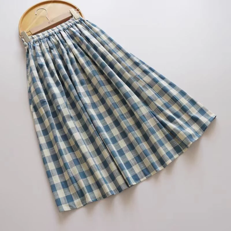 时尚法式文艺复古竹节棉蓝色格子裙半身裙女夏季A字裙中长裙夏季