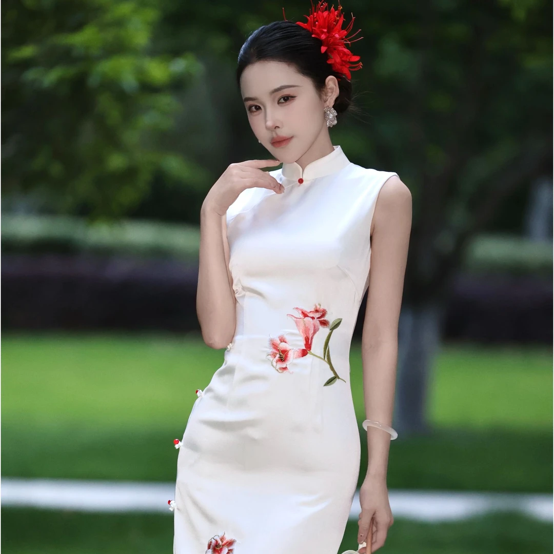 【Jiangyining】杜鹃新中式旗袍夏季长款气质修身连衣裙优雅中国风