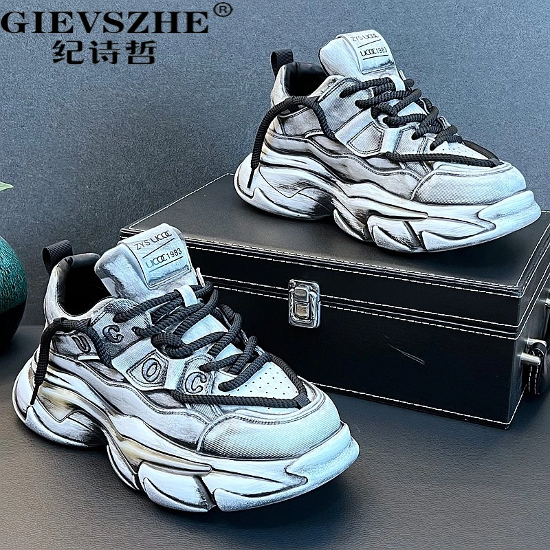 纪诗哲复古擦色休闲鞋男秋季新款做旧个性老爹鞋韩版网面运动鞋子