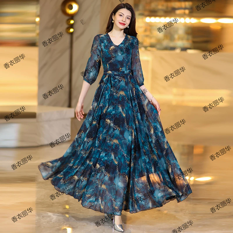 香衣丽华09-322夏季新款7分袖长款数码印花大摆连衣裙修身显瘦
