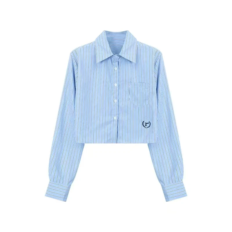 9162大码女装学院风蓝色条纹长袖衬衫