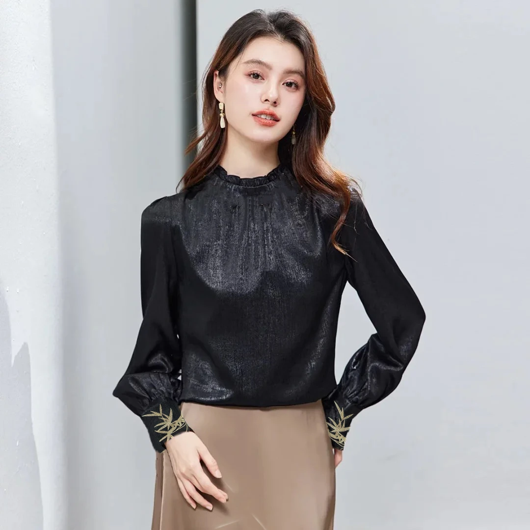 JIRUIMAN/吉瑞曼气质高级感长袖立领印花薄款百搭衬衫S285