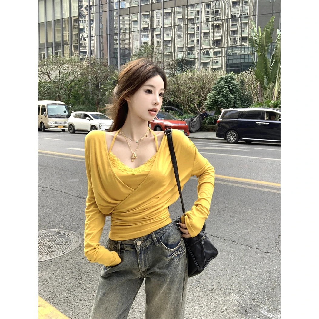 2025春季新款辣妹纯欲大领口V领收腰长袖上衣蕾丝挂脖吊带套装女