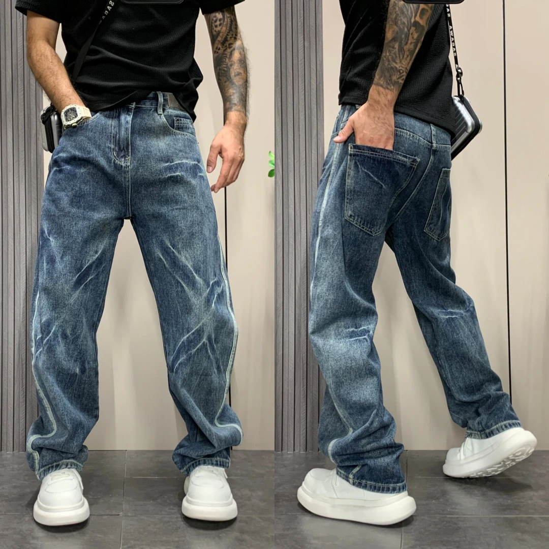 美式复古水洗牛仔裤男款2025新款秋季痞帅潮牌直筒宽松阔腿弯刀裤