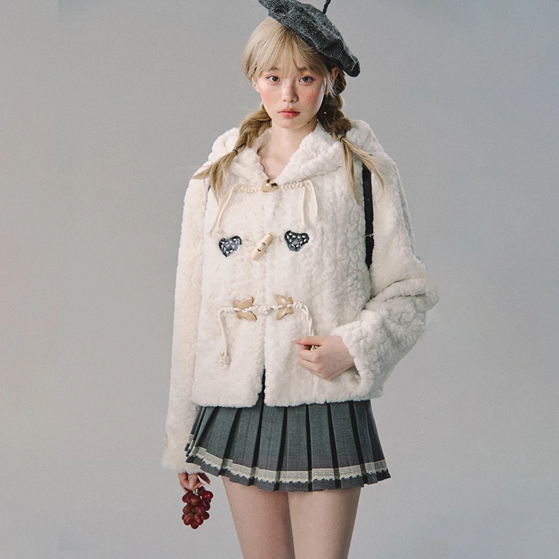 OAKMOO/ "温暖的晚香玉"冬季法式甜美牛角扣宽松连帽毛绒外套棉服