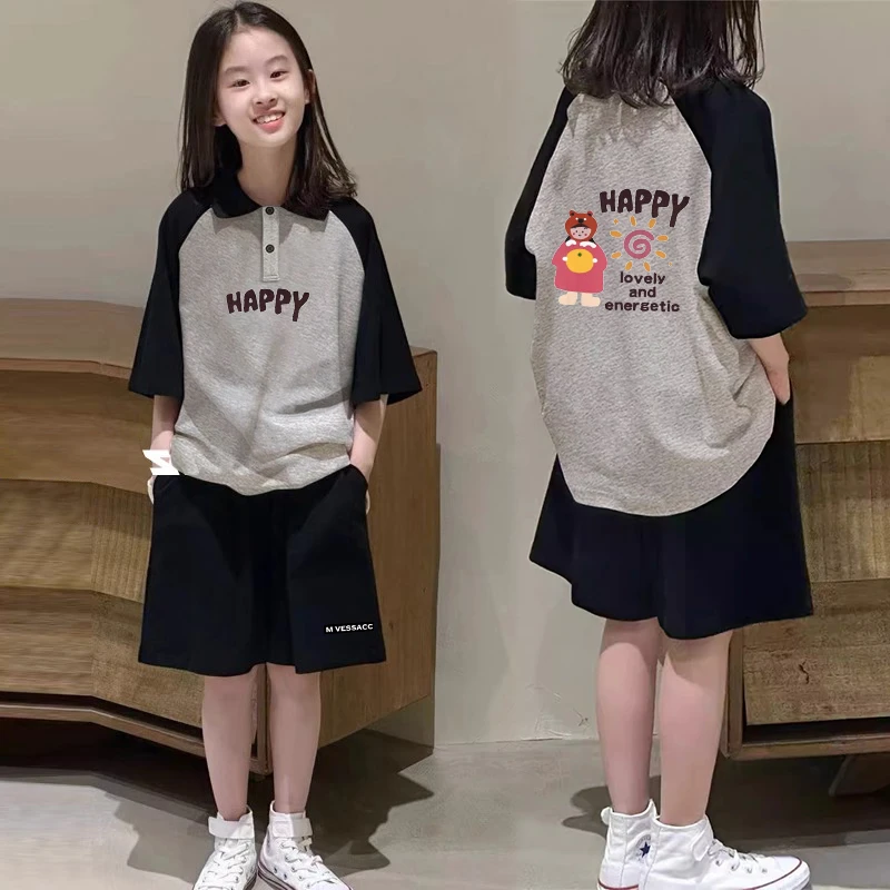 夏季童装女童套装中大儿童洋气翻领POLO衫短袖女孩休闲短裤两件套