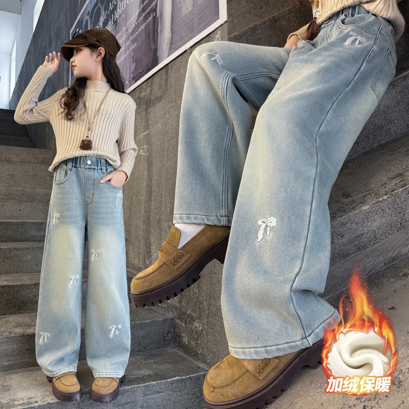 女童加绒牛仔裤秋冬儿童巨好看外穿一体绒裤子大童冬季加厚直筒裤