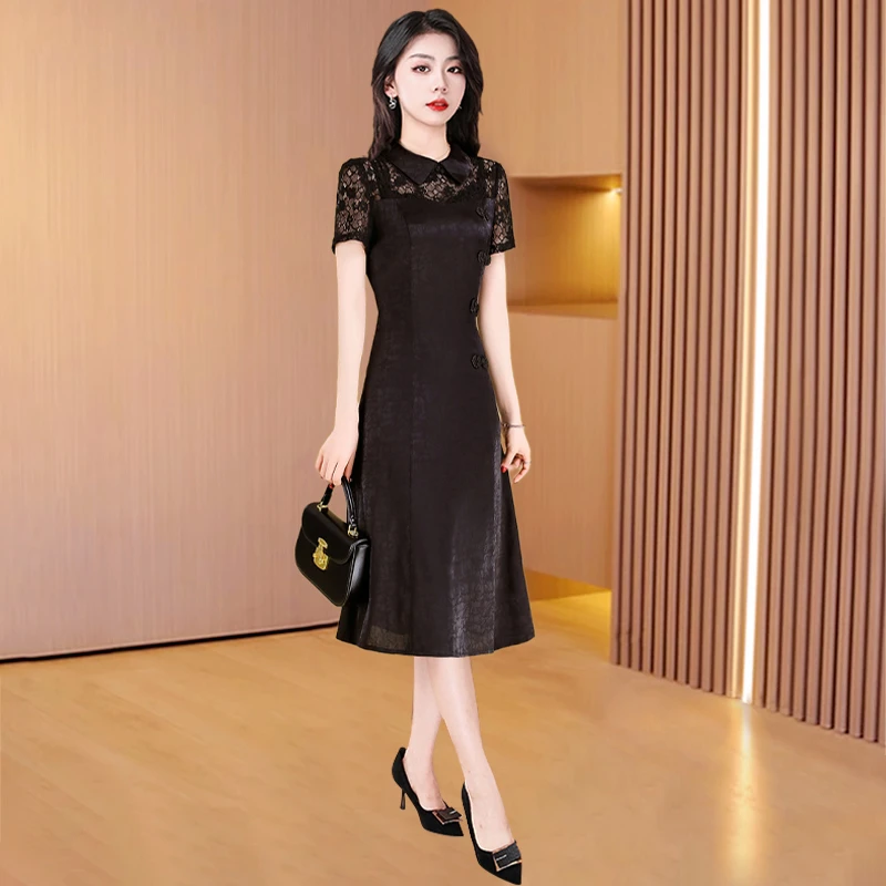 高端气质年轻款改良旗袍小个子显高显瘦蕾丝连衣裙女夏天洋气妈妈