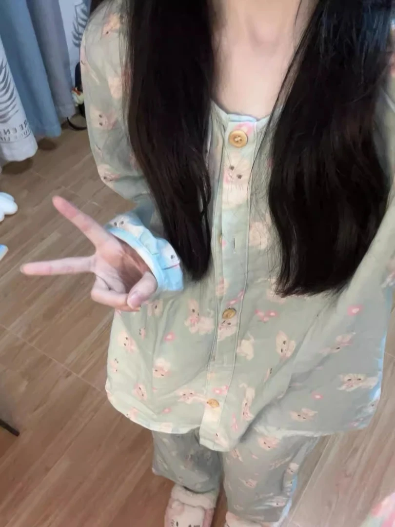 【DMXJ大梦想家】小猫印花长袖睡衣女春秋2025款开衫长裤家居服套装