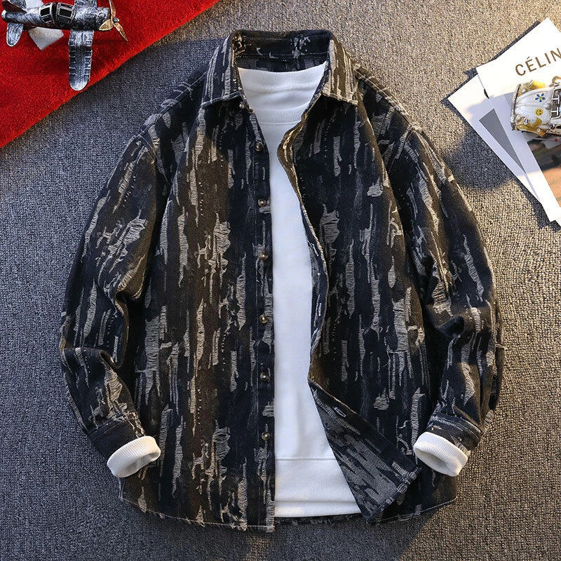 春秋季加厚衬衫大码复古宽松休闲长袖ins潮流衬衫外套男上衣外