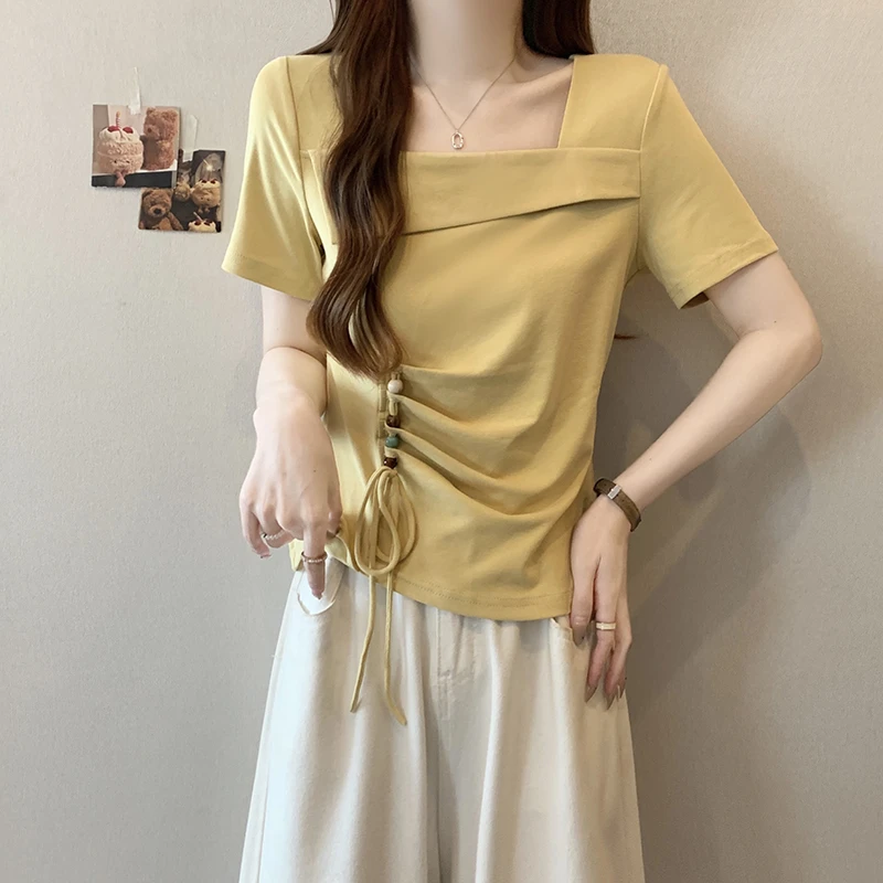 大码夏季新款方领褶皱抽绳短袖T恤女微胖妹妹设计感显瘦百搭上衣