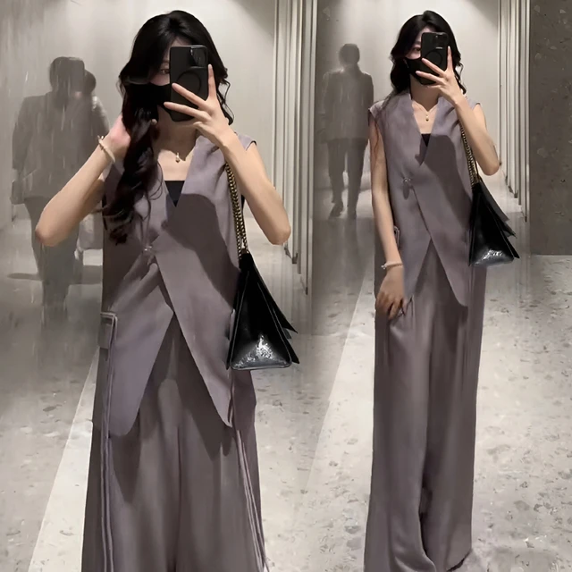 减龄气质时尚休闲套装女高级感斜扣西装马甲上衣显瘦阔腿裤两件套