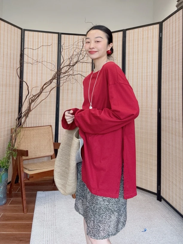 （奶昔）纯色薄款长袖T恤宽松休闲百搭上衣