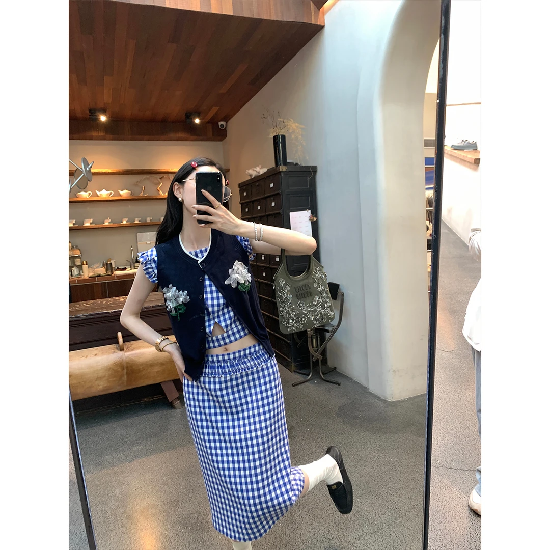 区区欧阳 开衫格子短袖衬衫女夏季新款设计感小众衬衣复古上衣