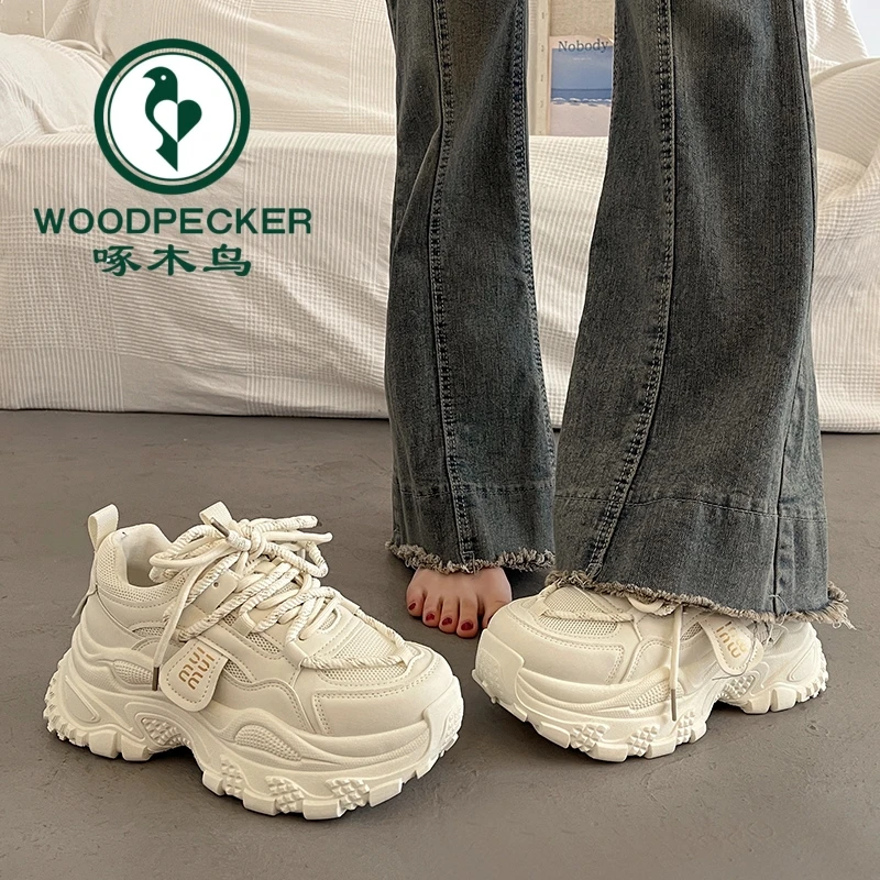 啄木鸟爆款炸街厚底老爹鞋女增高2025新款春秋网面百搭休闲运动鞋