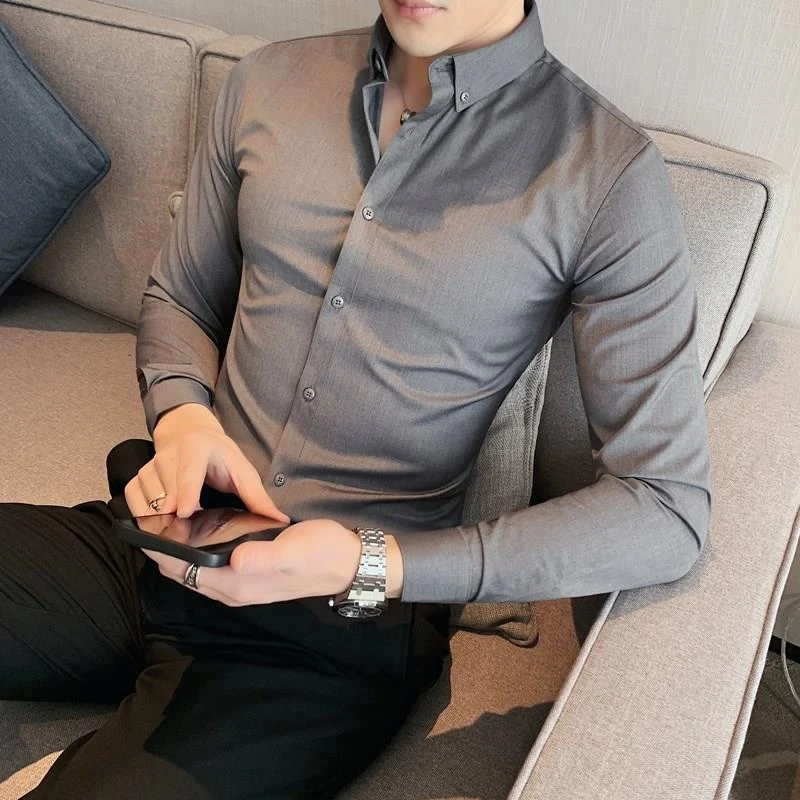 高级感韩版修身长袖衬衫男秋季潮流弹力休闲衬衣免烫商务百搭寸衫