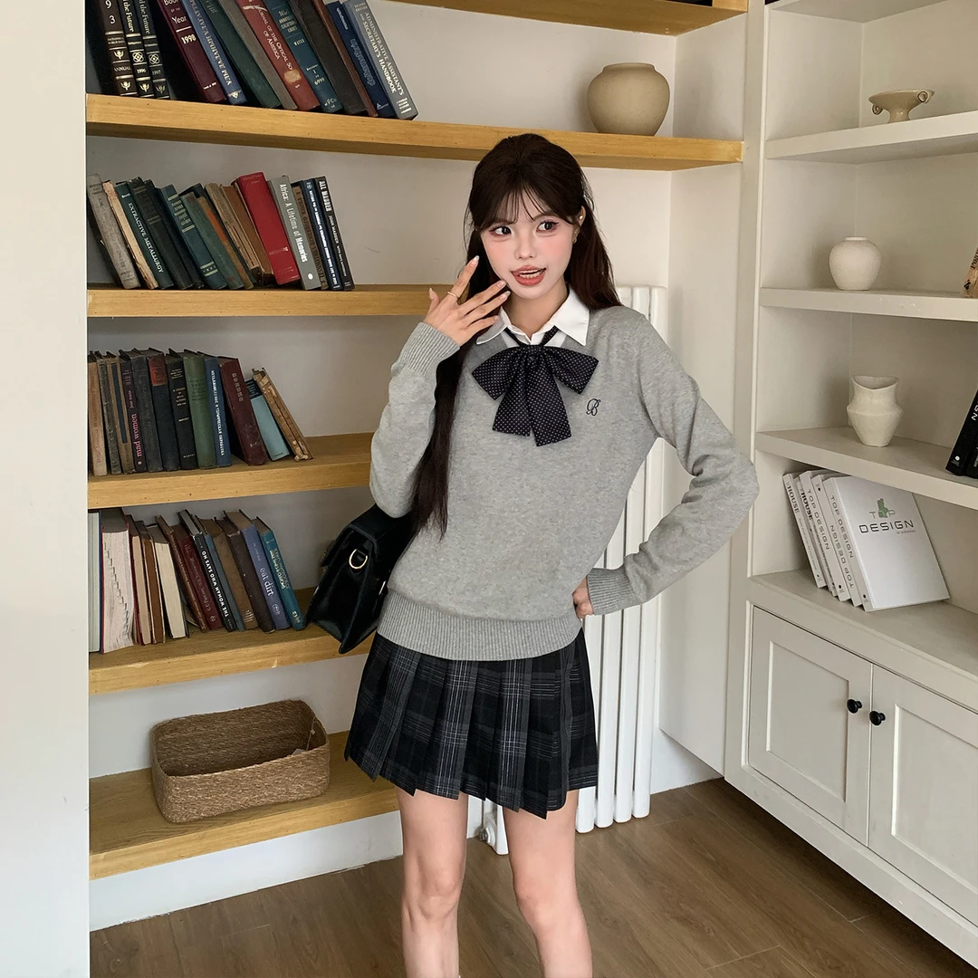 冰淇淋与鲸学院风JK制服刺绣假两件衬衫毛衣长袖针织上衣秋冬日系