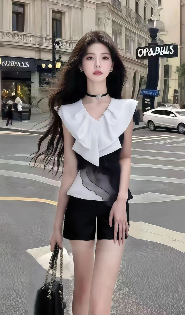 黑白撞色设计V领修身上衣+黑色百搭显瘦短裤女两件套时尚气质女装