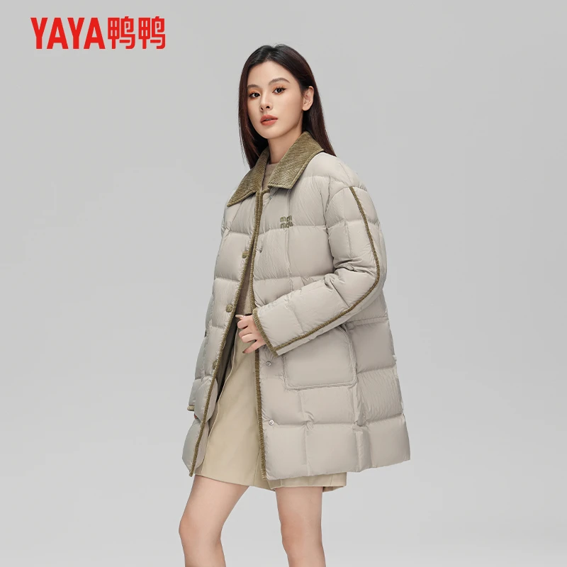 YAYA/鸭鸭羽绒服女新款韩版时尚气质90绒中长款翻领日常百搭外套