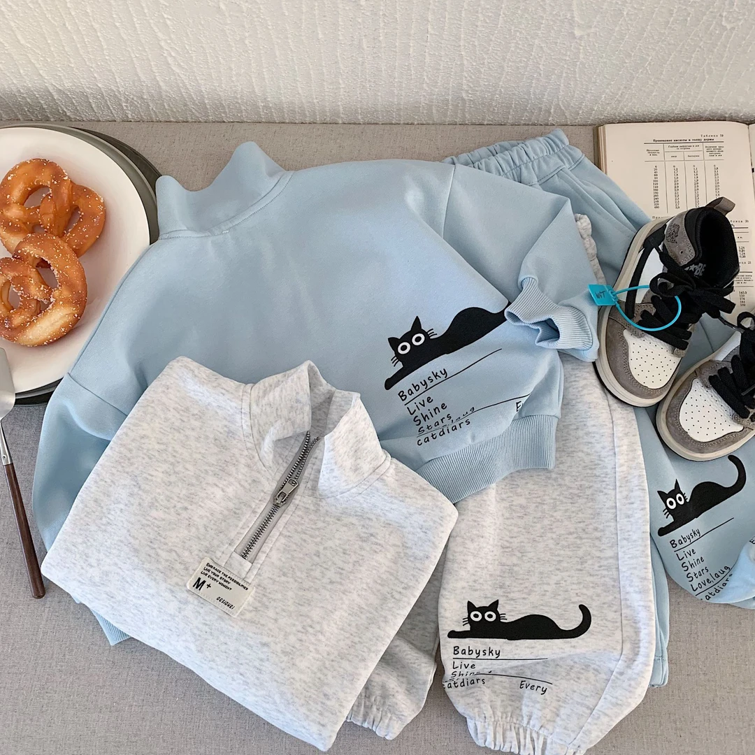 韩系专柜幼儿园风2025春款半拉链套头猫咪外套套装/男女宝足码