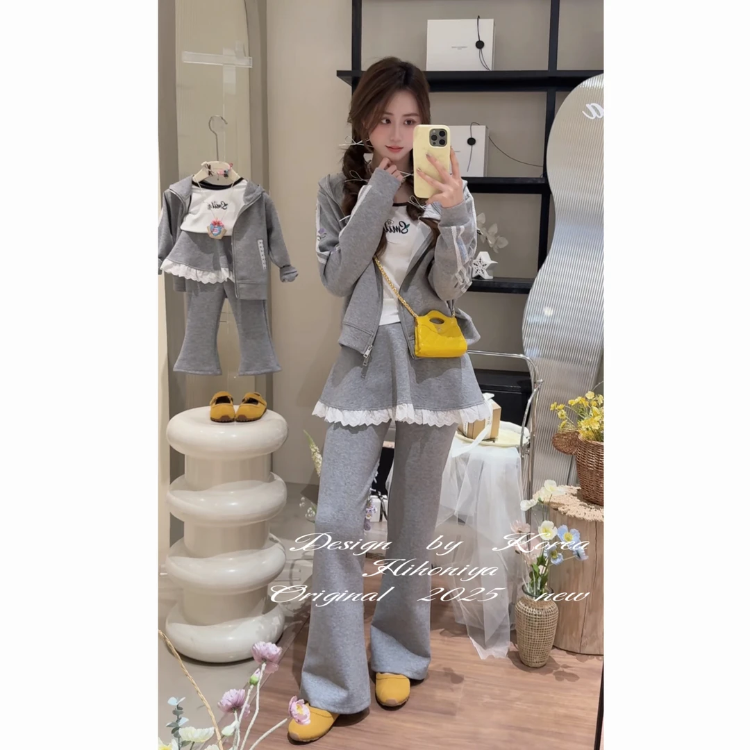 【糖水日记】二Hihoniya~2025春季欧若风亲子纯色蕾丝边连帽套装
