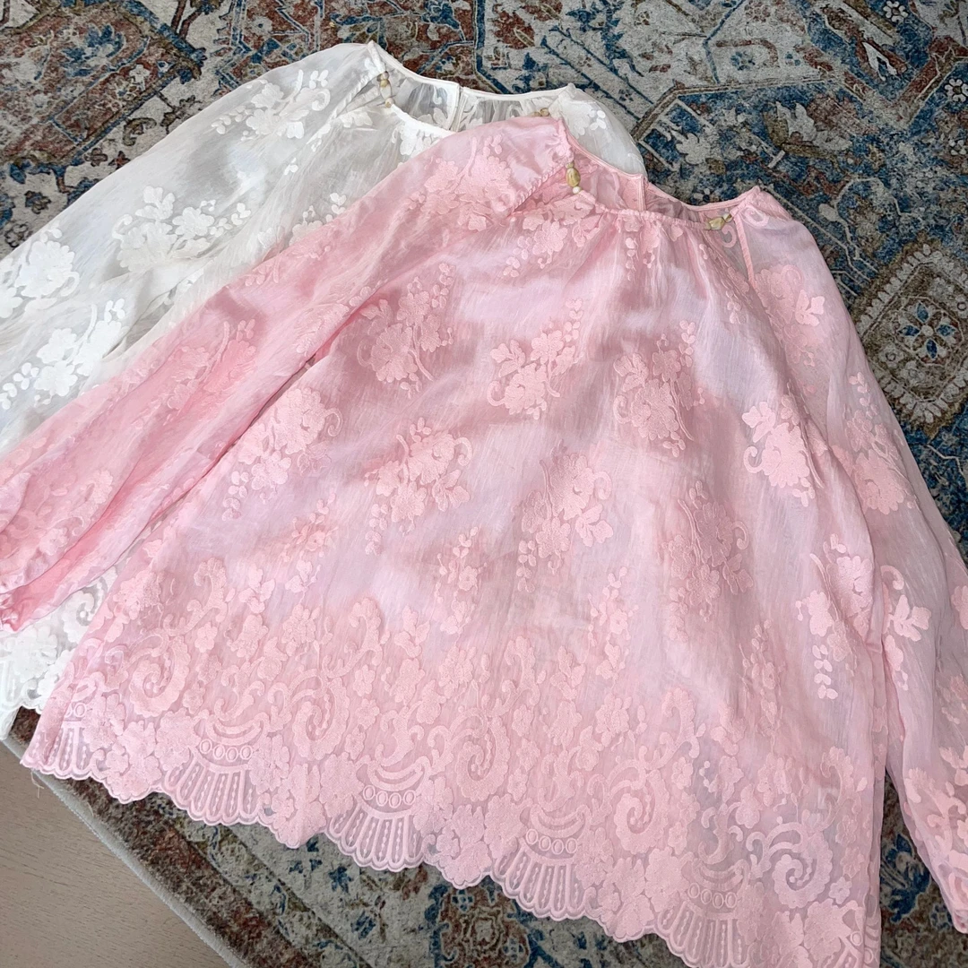 LNHJ【浮舟】精致刺绣花朵圆领镂空天丝亚麻长袖上衣