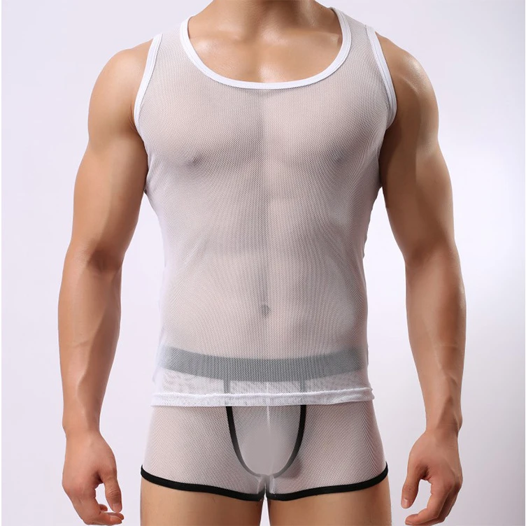 透气弹力无痕男士博主背心网纱透明圆领吊带背心男夏季薄款上衣