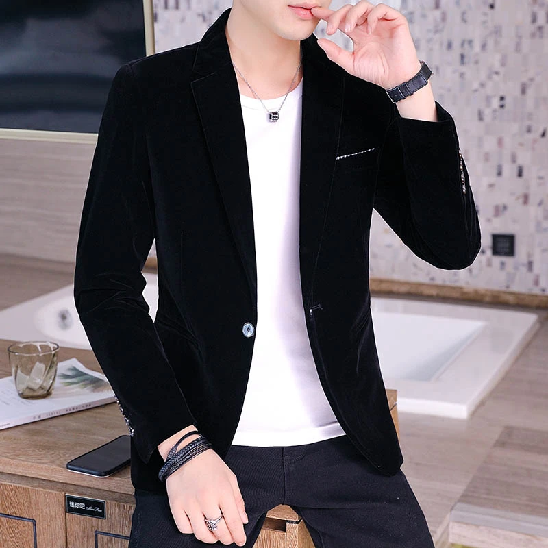 高档春秋新款男士西装外套丝绒韩版修身帅气纯色上衣休闲小西男装