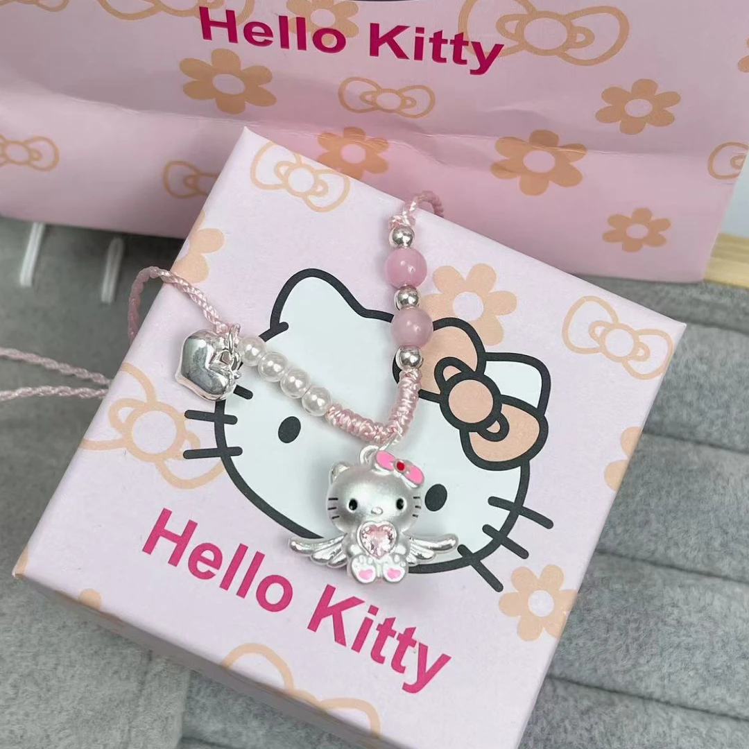 吊坠足银 999天使凯蒂猫爱心吊坠锆石甜美少女心小众精致轻奢项链