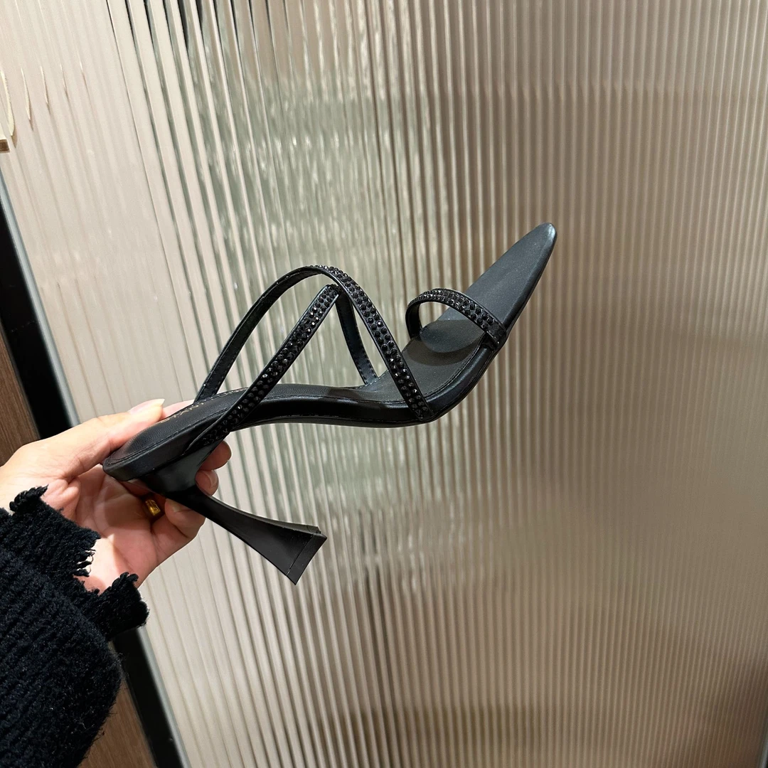 高跟鞋女2025夏季新款百搭缎面交叉带尖头粗跟性感黑色拖鞋凉鞋女