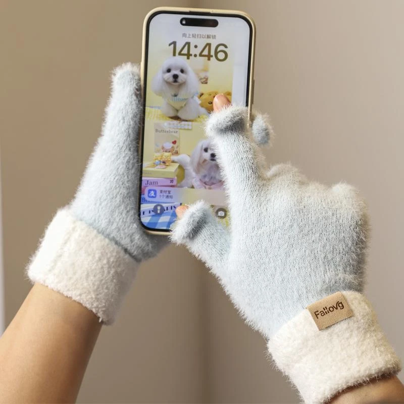 韩系可爱女士手套冬毛绒蓝色针织冬季加绒保暖防寒分指毛茸茸触屏