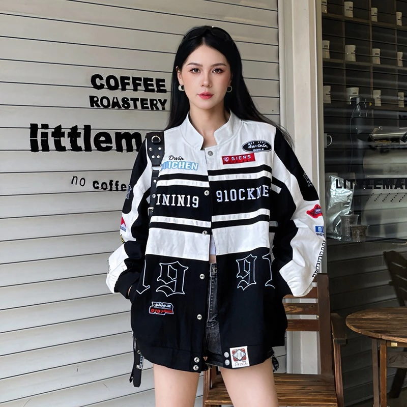 美式潮牌春秋款机车外套重工刺绣复古情侣装棒球服宽松嘻哈polo领