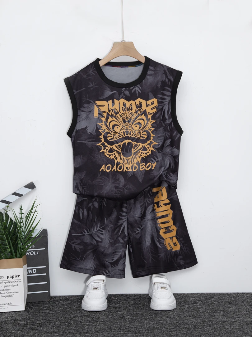 休闲套头印花韩版男孩套装儿童男帅气童装字母夏季薄款中国风男童