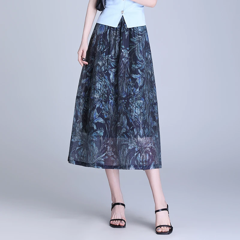 印花天丝亚麻高腰a字半身裙女夏季2025新款百搭遮胯中长款灯笼裙