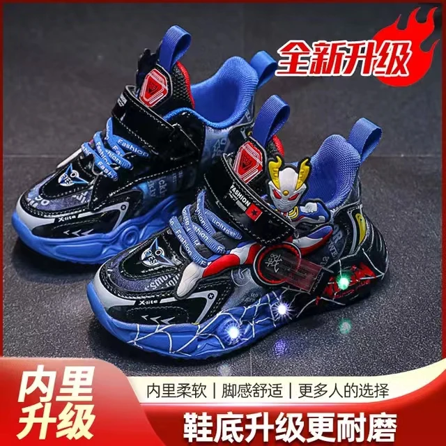 男童运动鞋2025秋冬新款皮面透气跑步鞋发光带灯男童鞋子春秋童鞋