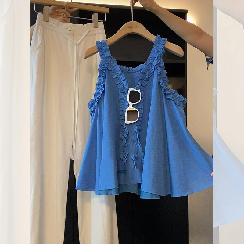 韩系简约风木耳边无袖V领吊带背心女2025夏季新款设计感洋气上衣