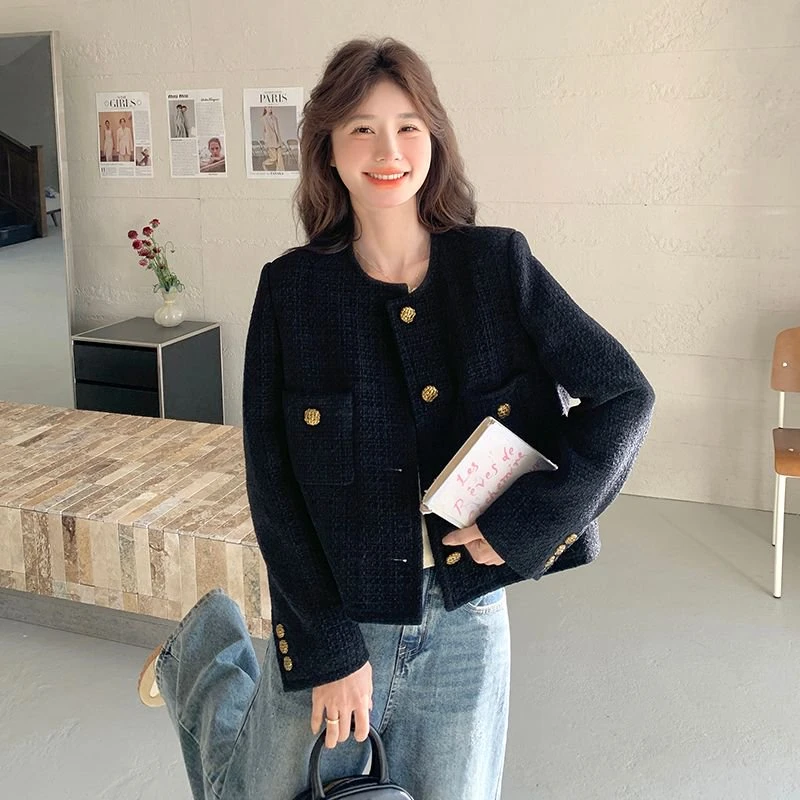 黑色短款小香风外套女春2025新款小个子气质名媛高级感粗花呢上衣