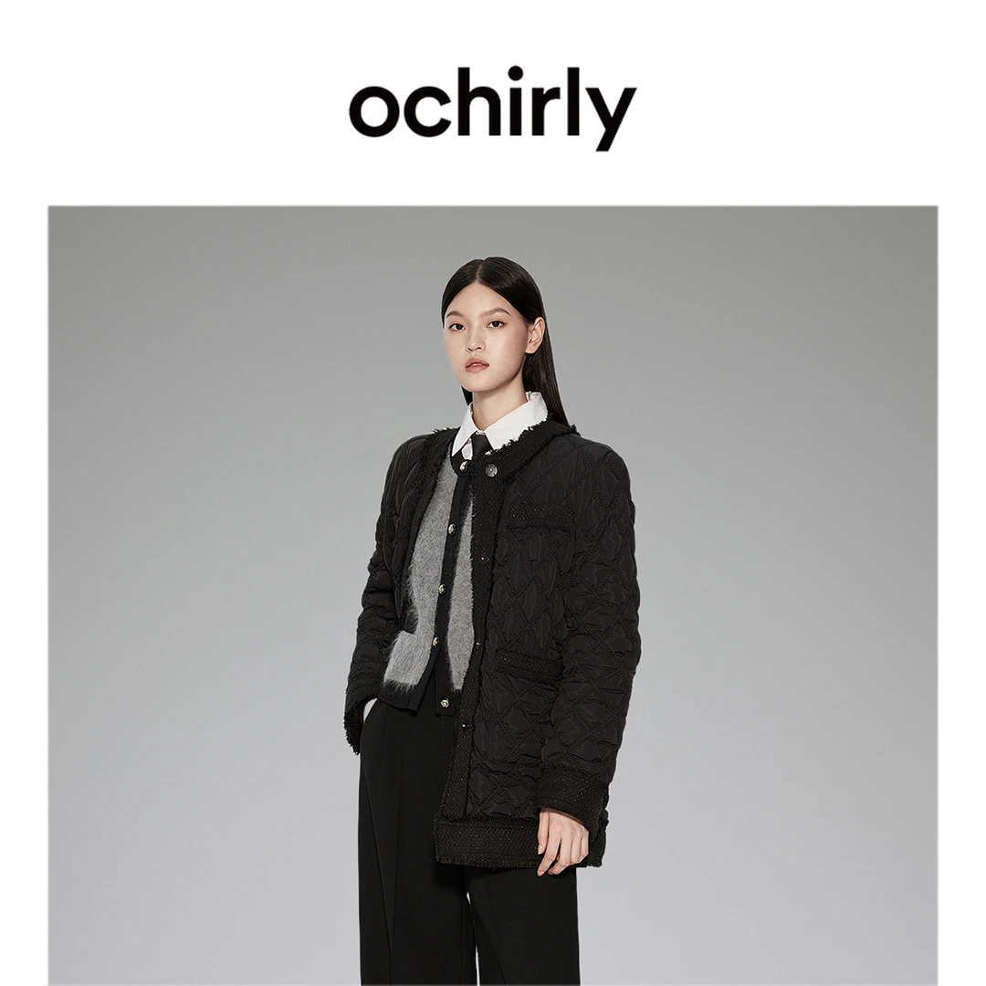 &OCHIRLY 欧时力 菱格绣花绗缝羽绒服秋冬轻薄中长款外套