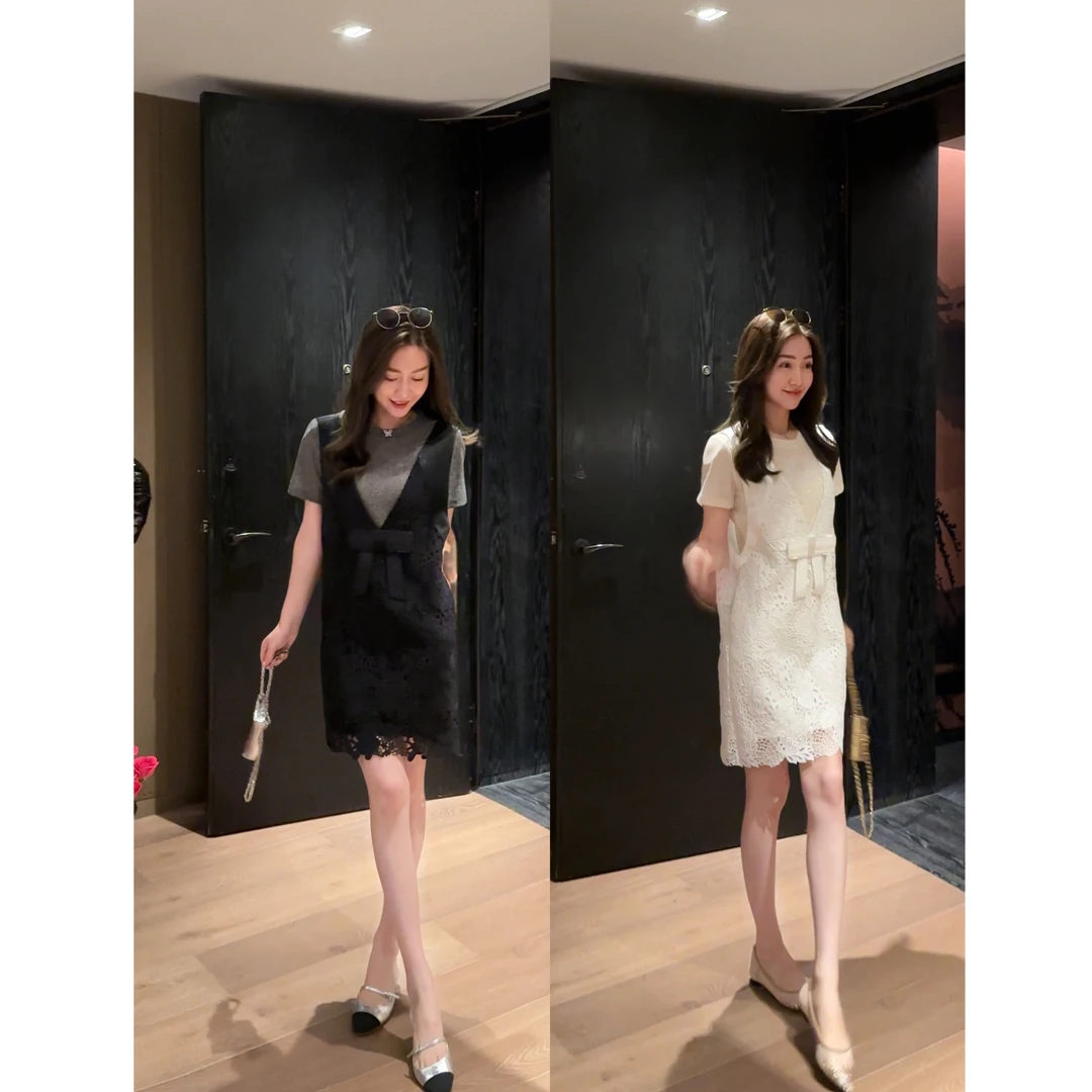 W·HAHA【自由至上】镂空立体花朵刺绣蝴蝶结V领醋酸背带连衣裙52273