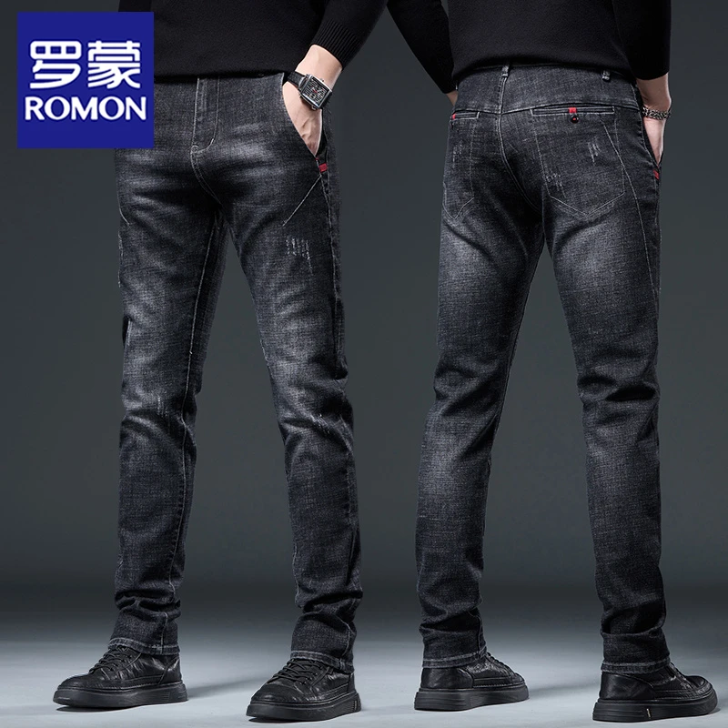 【清仓】罗蒙男士直筒牛仔裤修身加绒加厚弹力休闲长裤子秋冬季