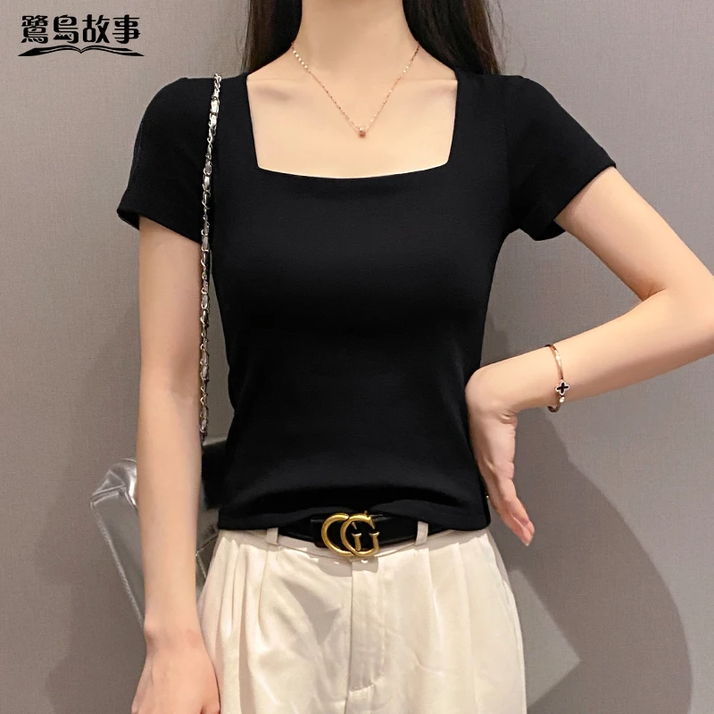 鹭岛故事黑色方领正肩短袖t恤女春夏修身打底衫内搭低u领显瘦上衣