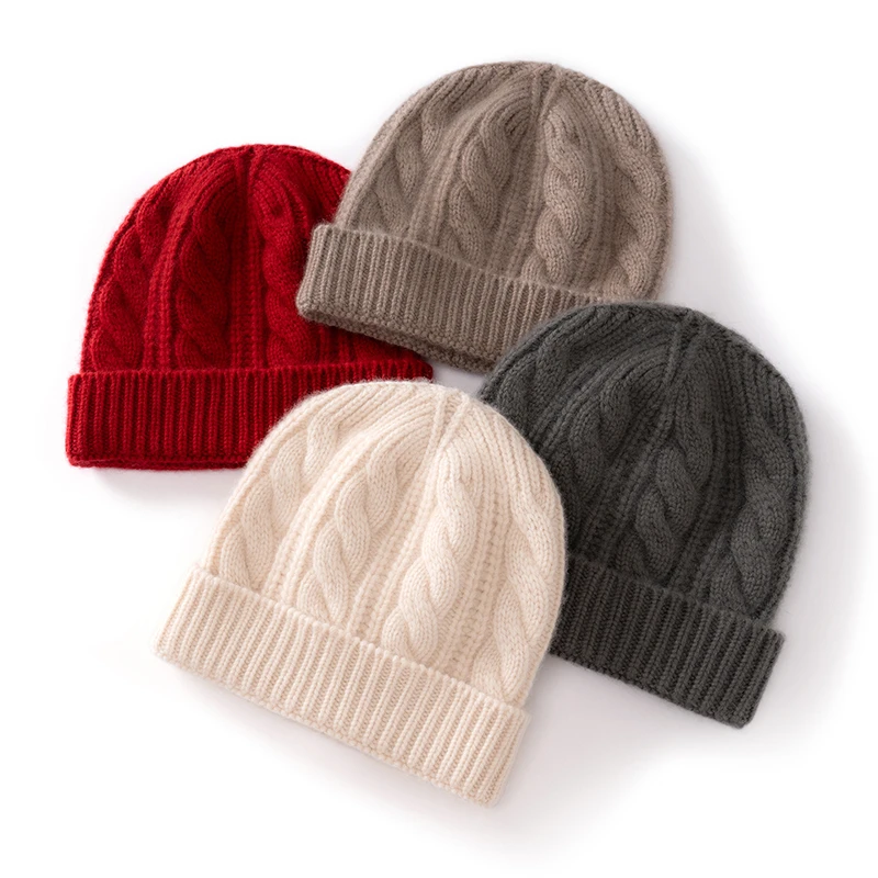 100%纯山羊绒帽子男女款重磅加厚保暖粗针麻花翻边绒线帽秋冬帽子