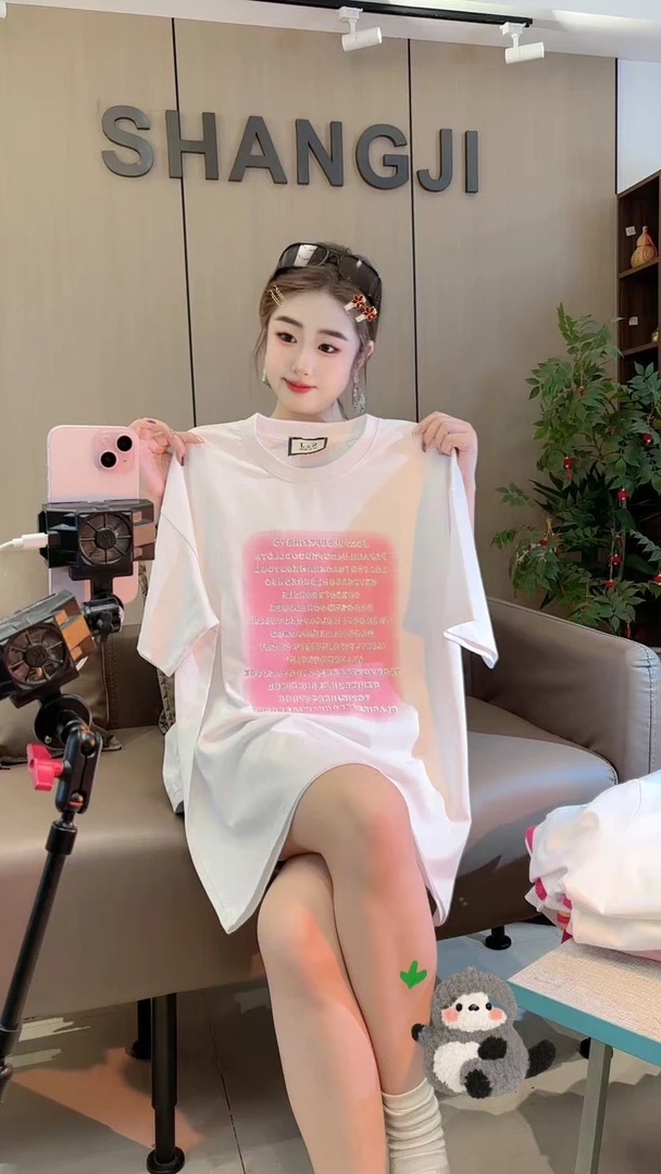 新款{英文粉}ins高颜值老板娘气质款烫钻T恤宽松休闲夏季