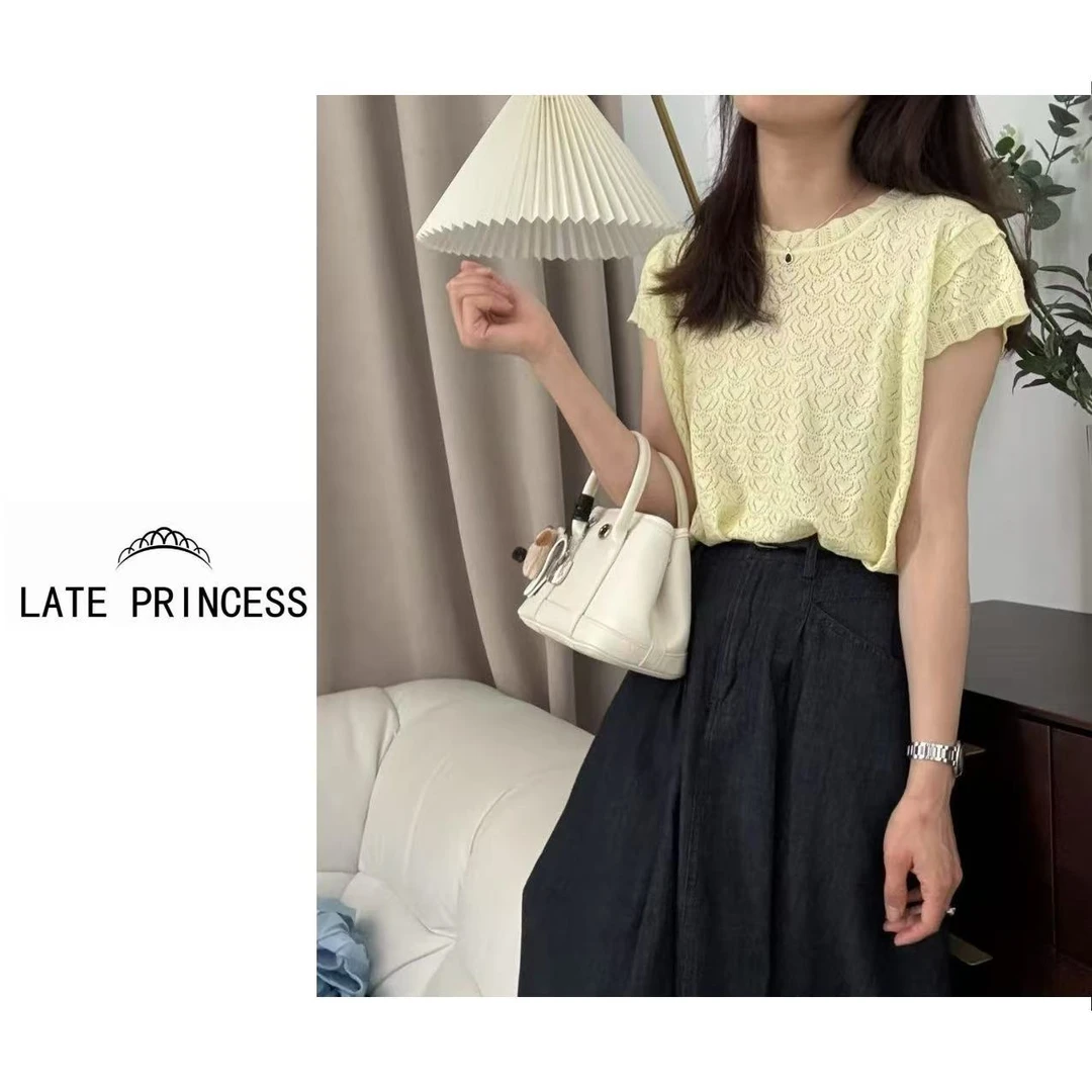 *LATE PRINCESS【小飞袖】夏季新款花边圆领小飞袖正肩针织短袖