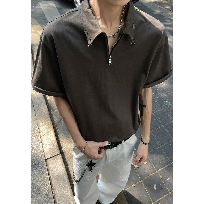 金属装饰半拉链短袖T恤男款夏季小众质感美式宽松POLO衫上衣半袖