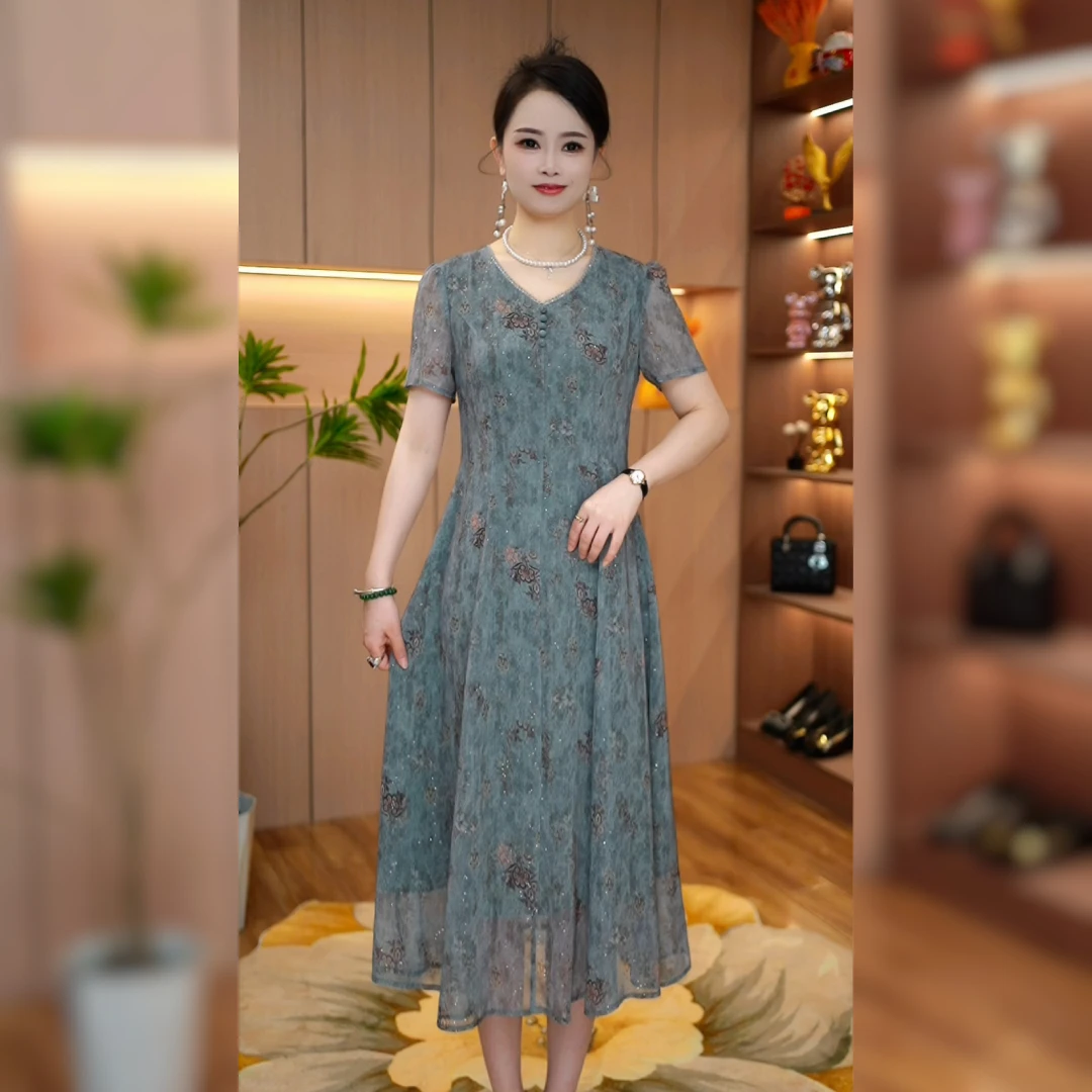 2025夏季新款连衣裙中长裙印花显瘦宽松长裙短袖款洋气时尚松石绿