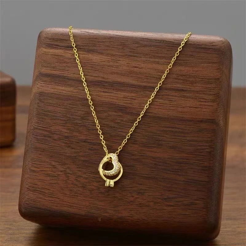 【18】微镶金色双环爱心圆环项链小众气质带钻圆圈