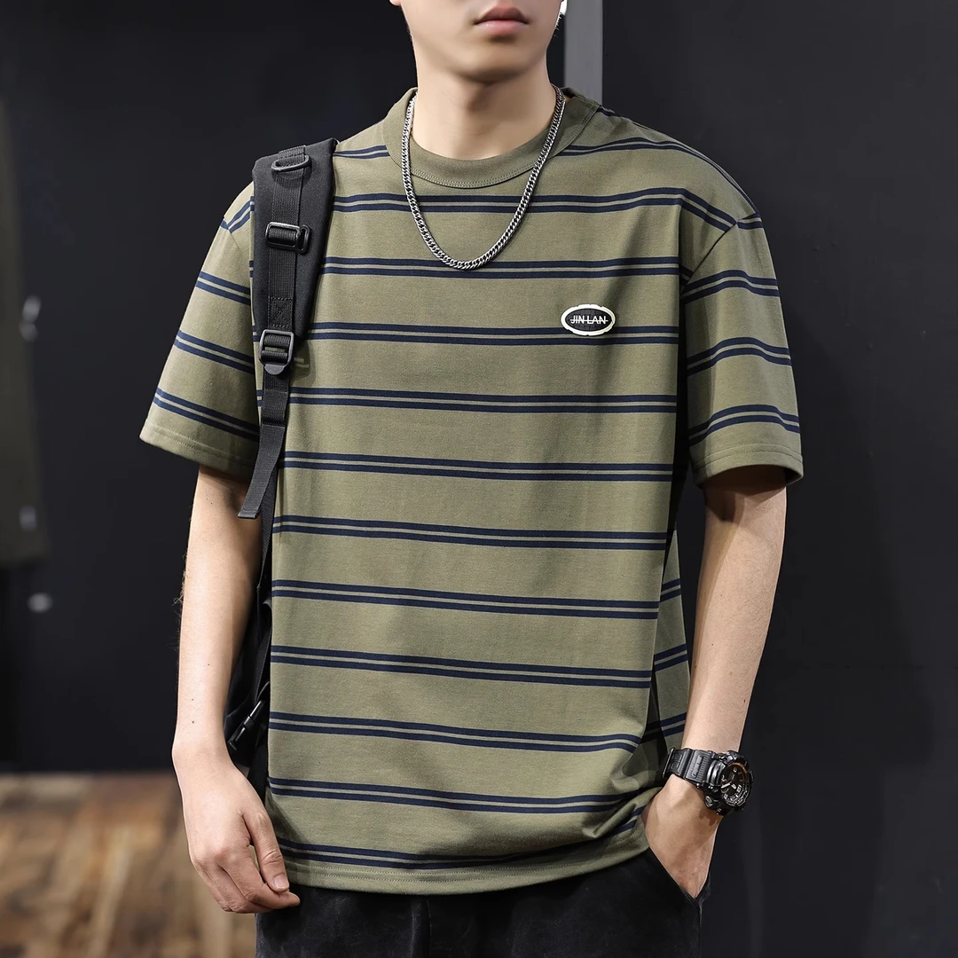 Salodac美式条纹短袖T恤男夏季新款潮牌宽松男士半袖衫男款上衣t